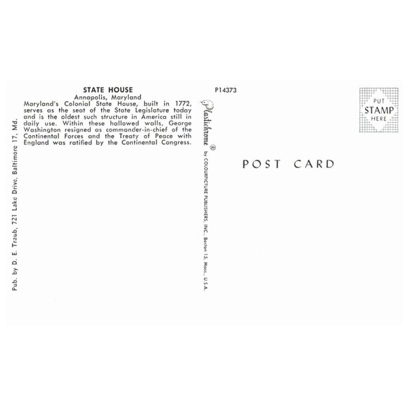 Postcard Chrome era State House Annapolis Maryland built in 1772 - Picture 2 of 2